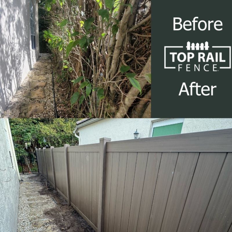 Before and after of a vinyl privacy fence install from Top Rail Fence