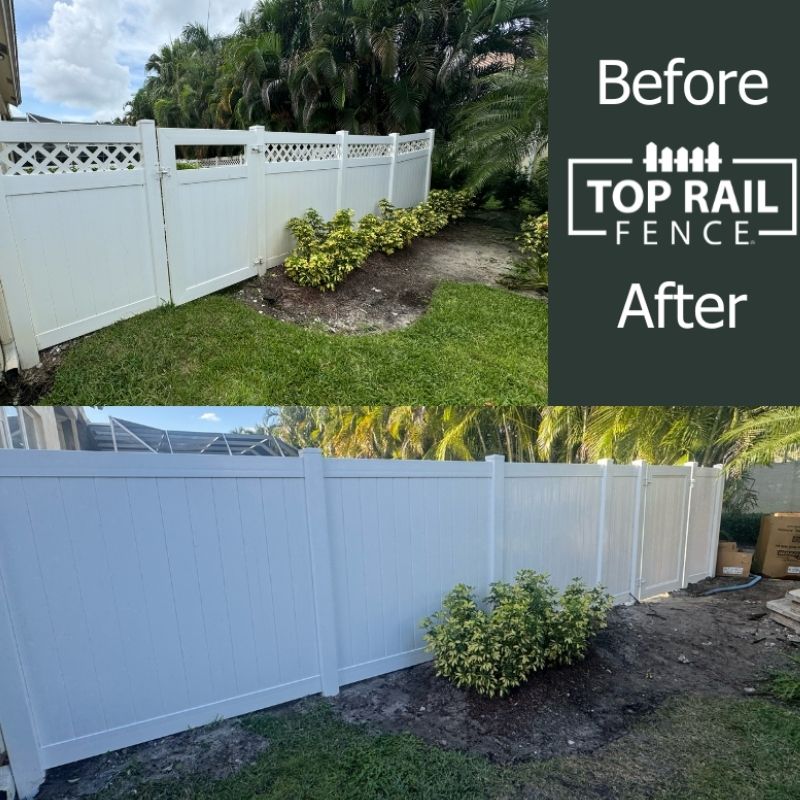 Before and after of a vinyl fence installation