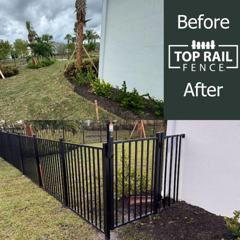 Before and after of a new aluminum fence installation