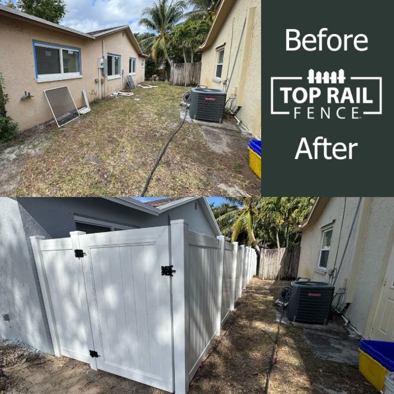before and after of a vinyl fence install by Top Rail Fence