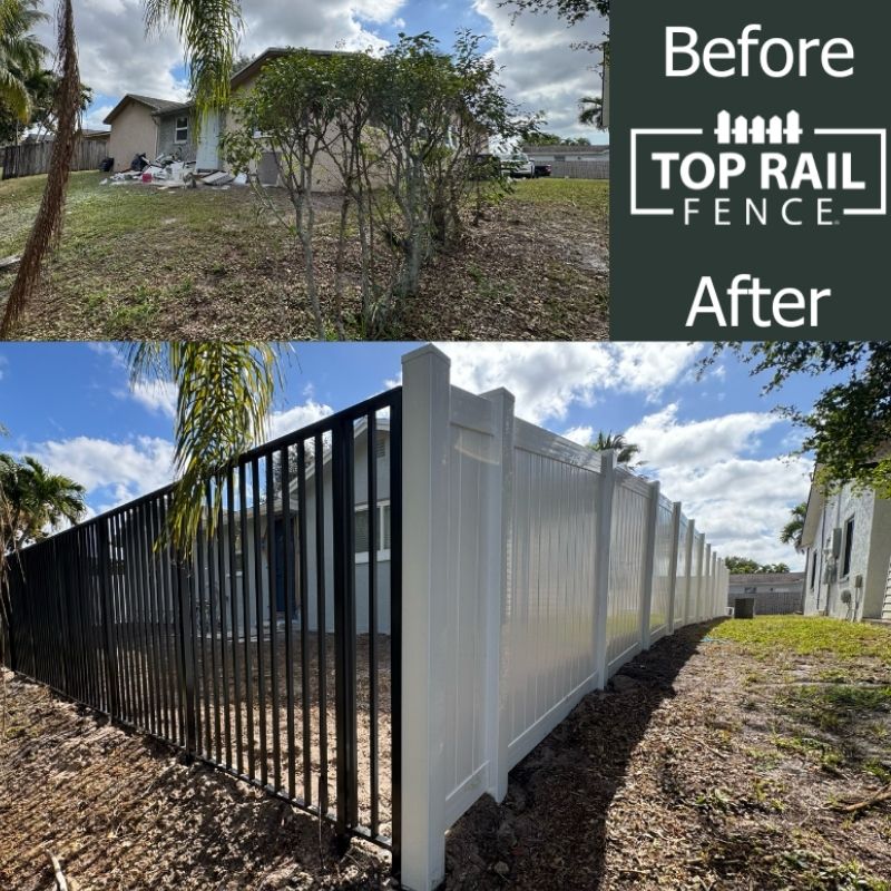 before and after of a vinyl and aluminum fence install by Top Rail Fence