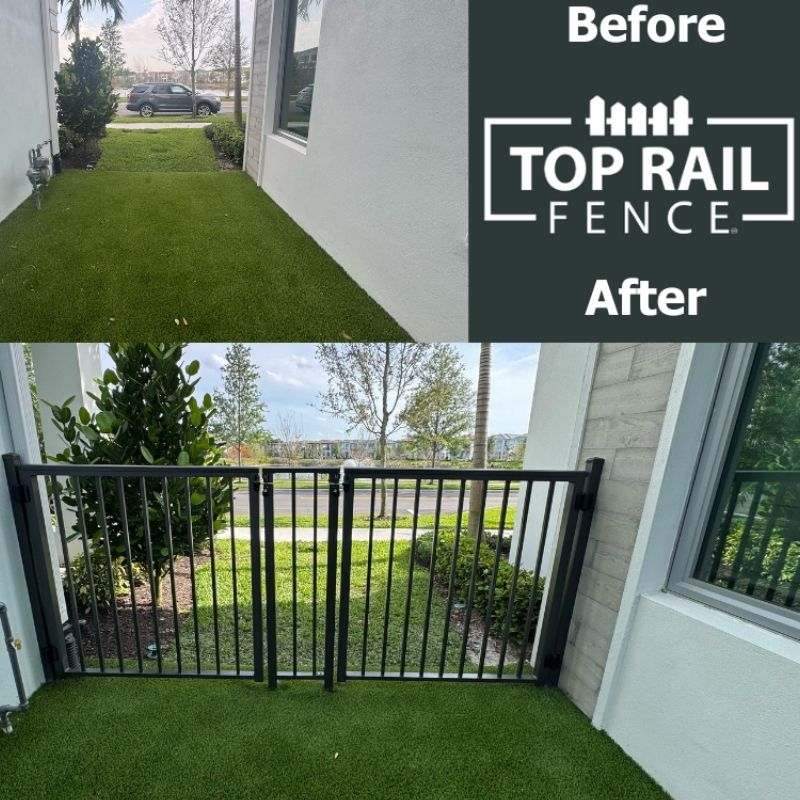 before and after Aluminum gate installation by Top Rail Fence