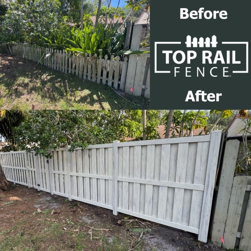 Before and after Shadowbox Vinyl Fence Installation by Top Rail Fence