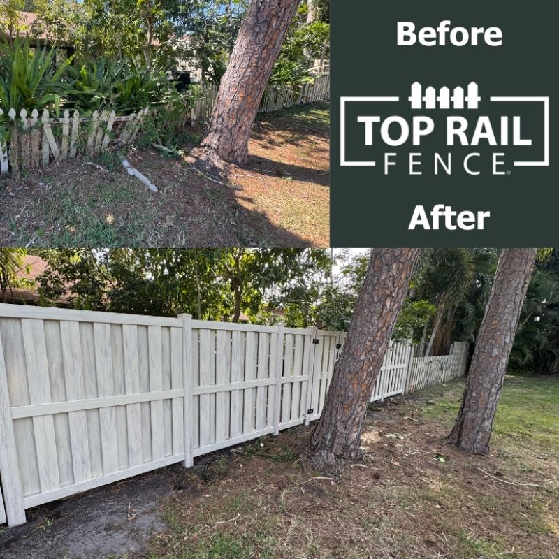 Before and after Shadowbox Vinyl Fence Installation by Top Rail Fence