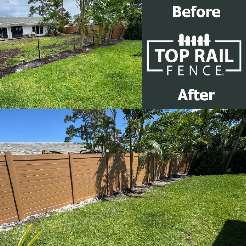 Before and After of a Horizontal Cypress Vinyl Fence Installation by Top Rail Fence