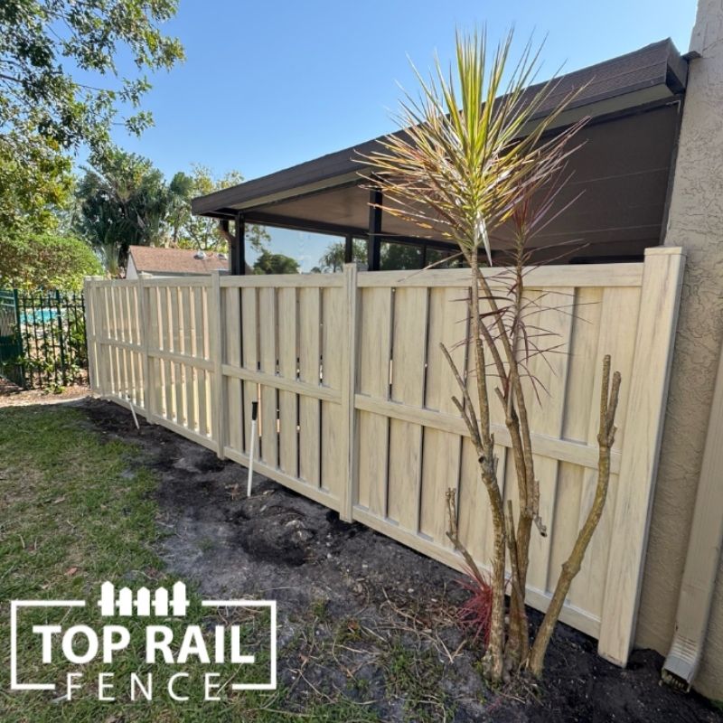 Woodgrain Tan Shadowbox Vinyl Fence Installation by Top Rail Fence