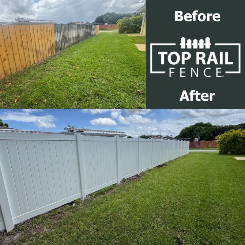 privacy vinyl fence installed by top rail fence