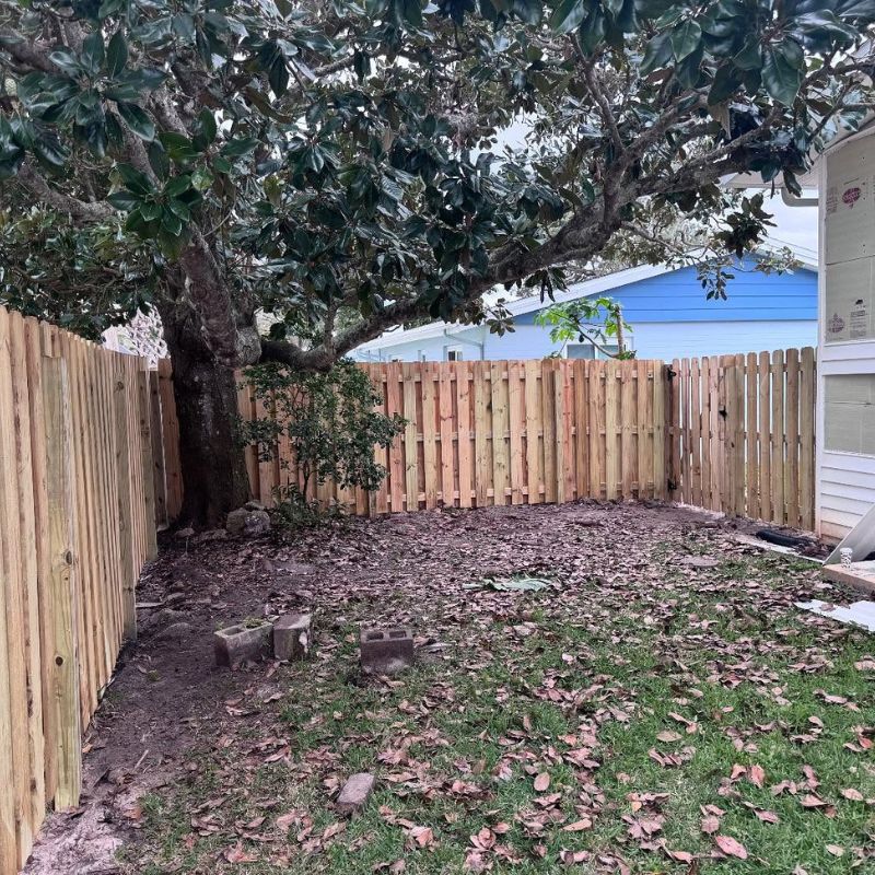 Shadow box wood fence in backyard