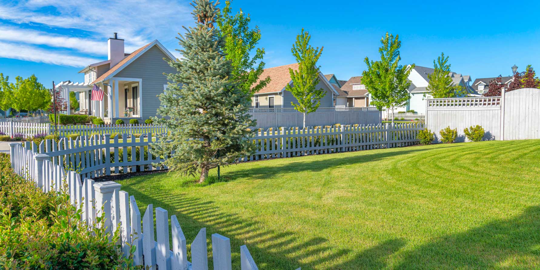 Neighborhood yards with green lawns, trees, and white picket fences.