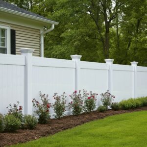 Vinyl fence with landscaping on side of home