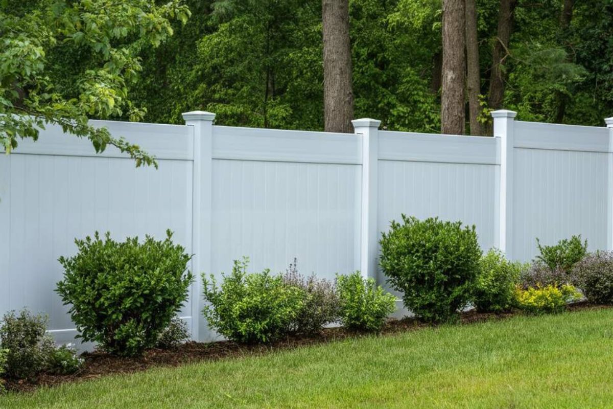 white vinyl fence with landscaping