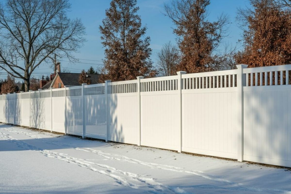 white vinyl fence during winter time