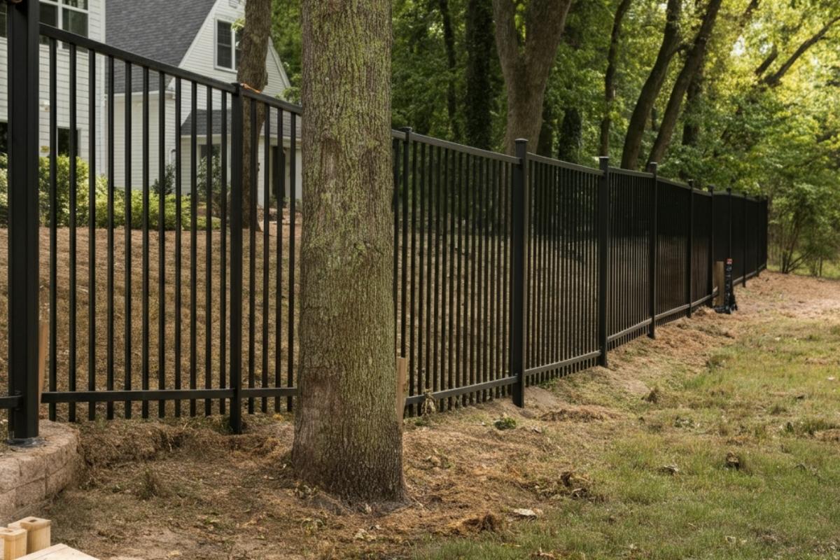 aluminum fence with a tree in front