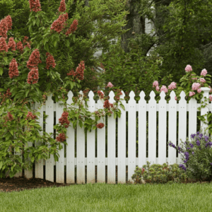 Wood picket fence with landscaping