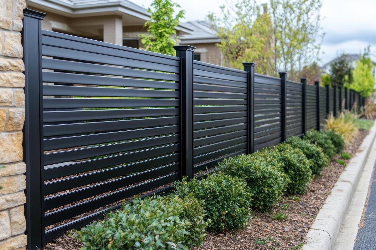 Stylish aluminum fence with landscaping.