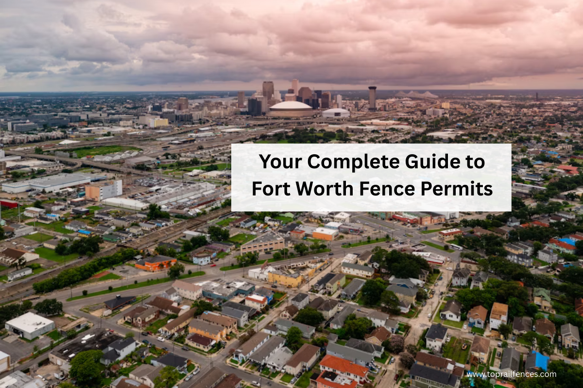 Overhead view of Fort Worth text with overlay text that talks about fence permitting in Fort Worth