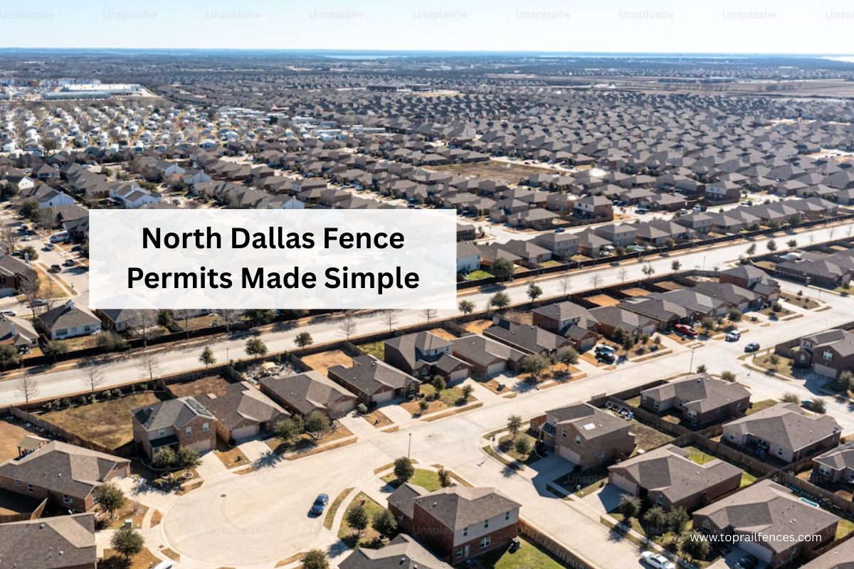 Overview shot of neighborhood of homes in a residential area with overlay text that talks about North Dallas Fence Permitting