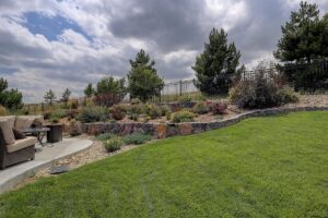 Nice backyard with view of ornamental fence and skyline