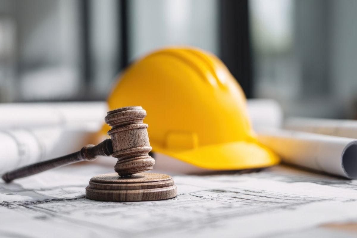 building blueprint, gavel and construction helmet