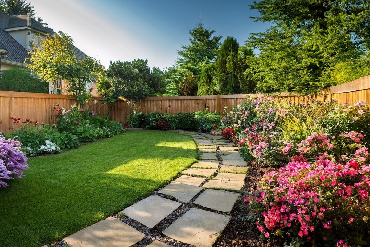 Residential backyard with landscaping, walking path and wood fence
