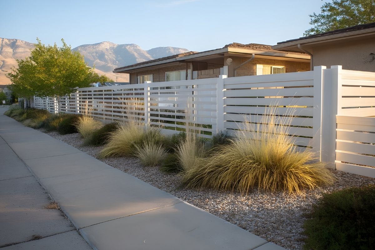 white horizontal fence around homes