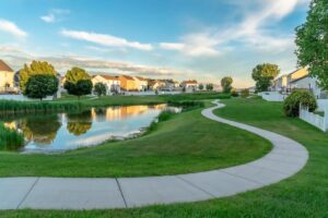 HOA community with a pond between homes