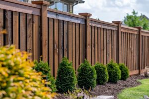 Wood privacy fence with cap and trim and landscaping around it