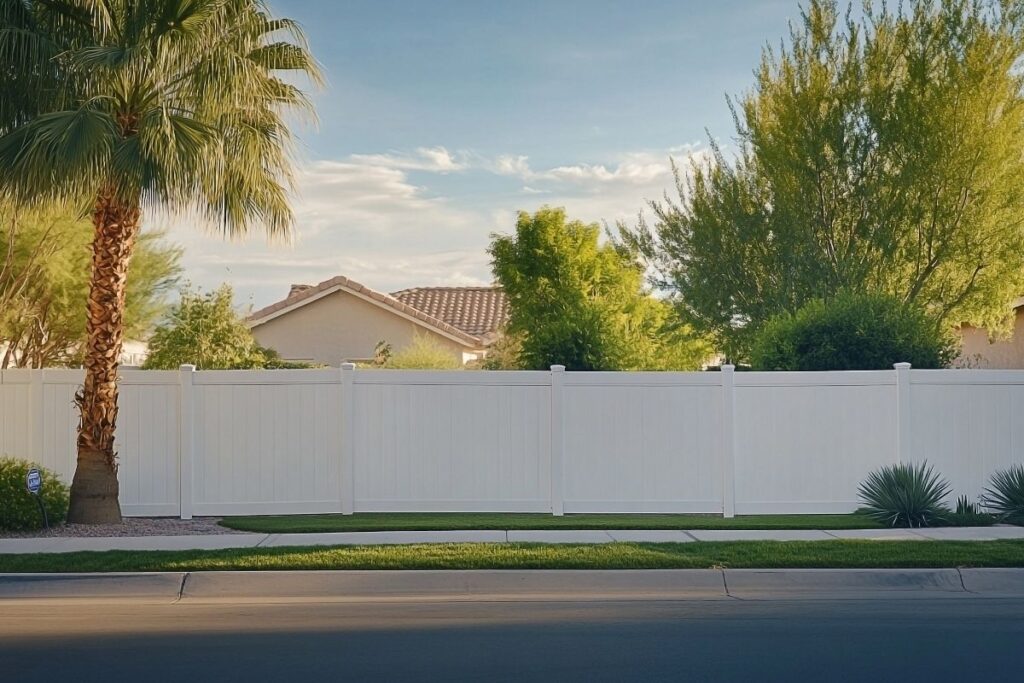 White vinyl fence with palm tree