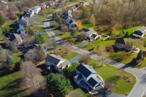 overhead shot of homes in a neighborhood