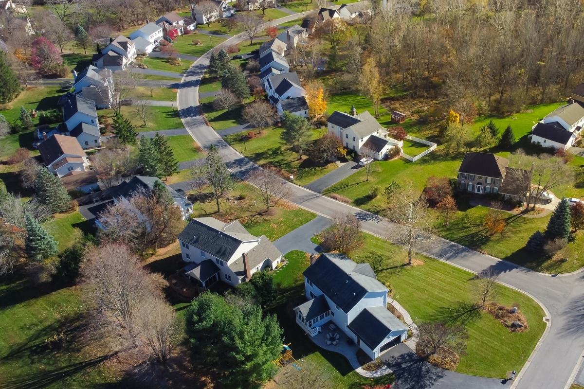 overhead shot of homes in a neighborhood