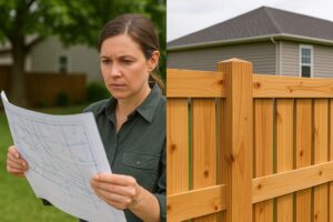 homeowner looking over fence plans for new wood fence being built