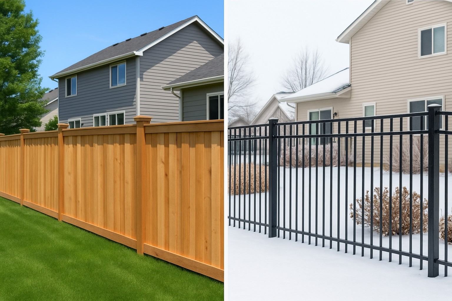 Wood fence during summer next to a metal ornamental fence during winter