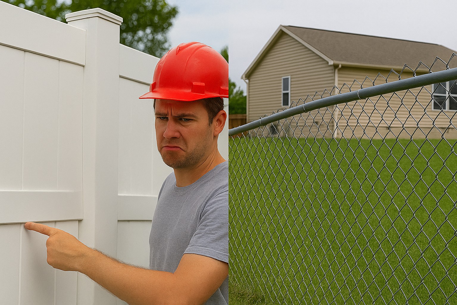 Fence professional pointing out a mistake on a fence and chain link fence