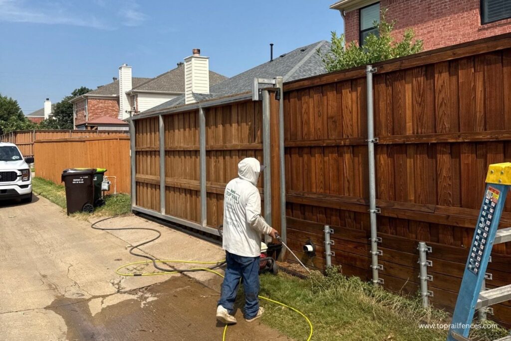 Top Rail Fence professional spraying down a new wood fence they installed