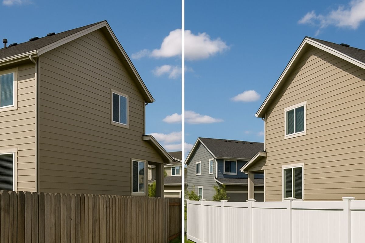 two homes with wooden and vinyl privacy fences