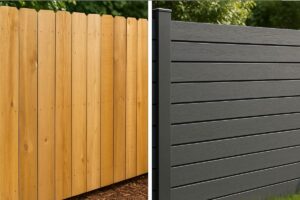 wood fence and horizontal composite fence side by side